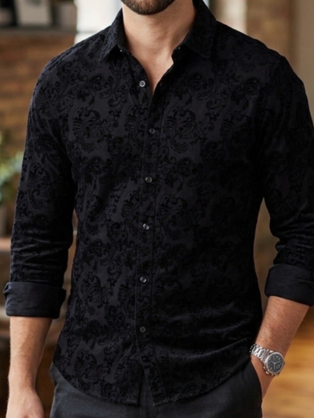 INC International Concepts Men's Black Flocked Velvet Paisley Shirt - Size M